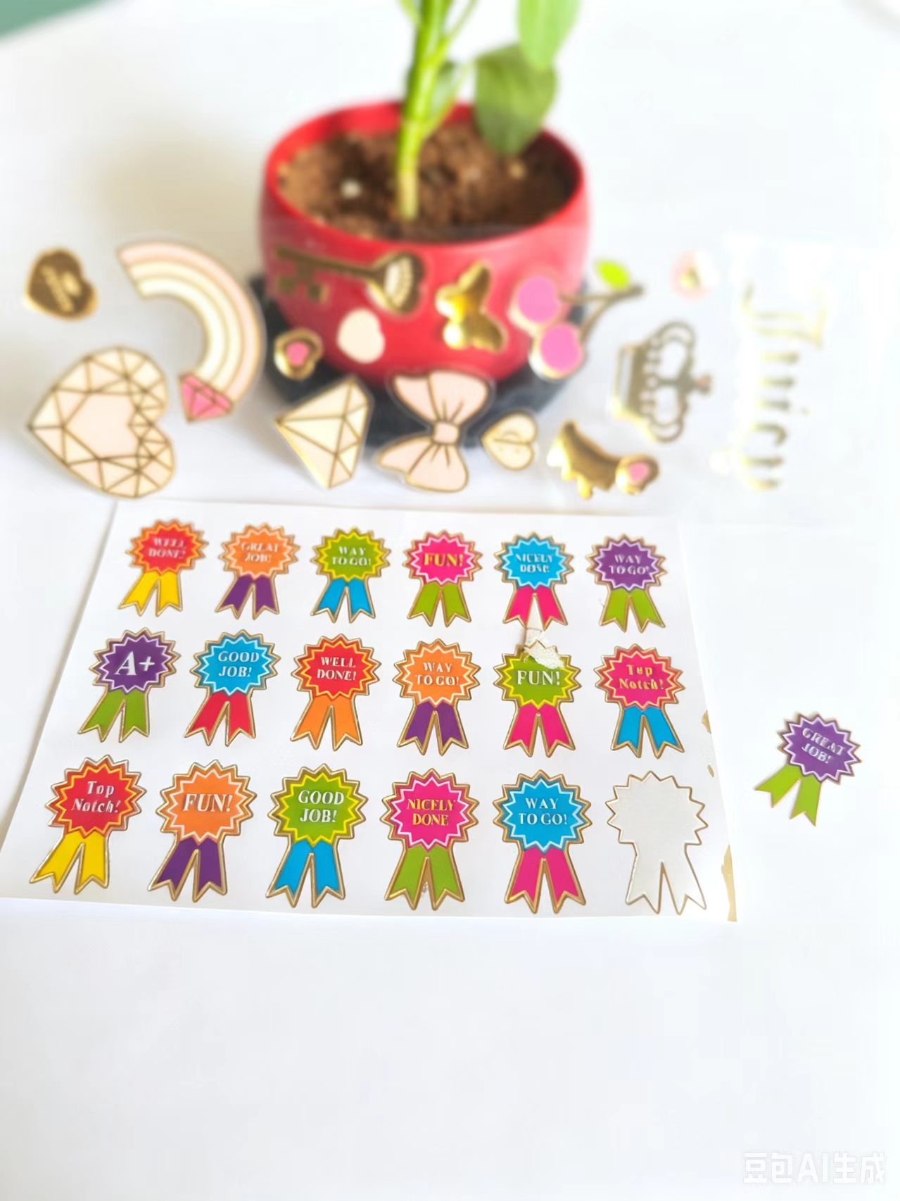 Custom adhesive sticker design with colorful graphics and transparent backing, white background